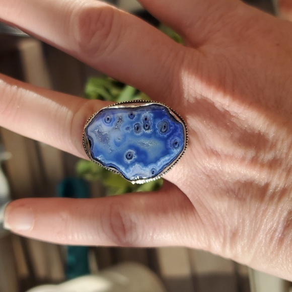 New Blue Solar Quartz Agate Druzy 925 Silver Statement Ring. - Picture 13 of 16